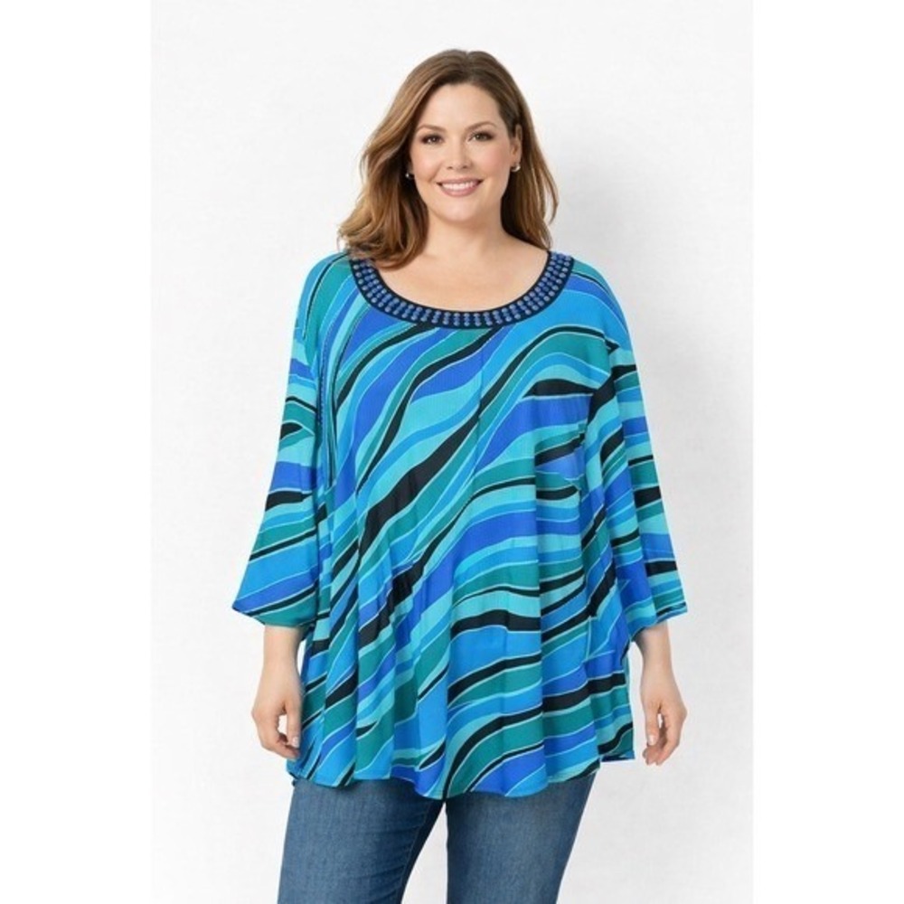 Catherines Plus Tunic Top Women 1X Blue Abstract Beaded Ribbed Boho Flowy Blouse